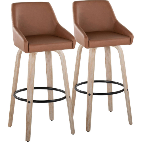 Hannah 30" Swivel Bar Stool in White Washed Wood & Camel Leatherette w/ Black Footrest (Set of 2)